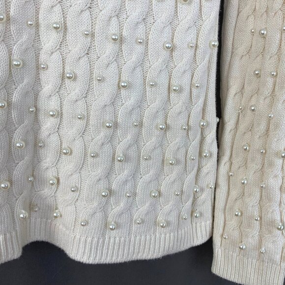 Boston Proper Sweater White/Cream V Neck Cable Knit Pearl Embellished Size M - Picture 3 of 16